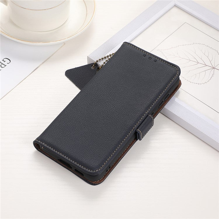 TJ Series For Oppo Reno9 Pro+ 5G RFID Blocking Phone Cover Genuine Cowhide Leather Magnetic Clasp Case with Wallet Stand - Blue