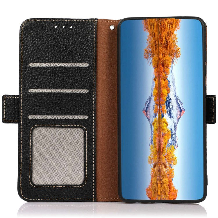 KHAZNEH for Oppo Reno9 5G / Reno9 Pro 5G RFID Blocking Phone Case Litchi Texture Genuine Leather Stand Wallet Shockproof Cover - Black