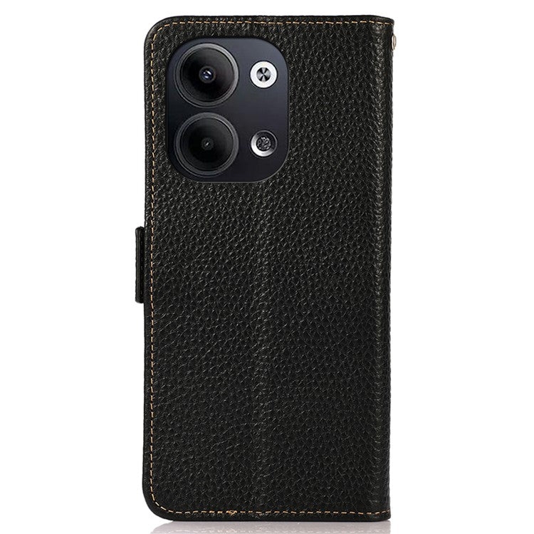 KHAZNEH for Oppo Reno9 5G / Reno9 Pro 5G RFID Blocking Phone Case Litchi Texture Genuine Leather Stand Wallet Shockproof Cover - Black
