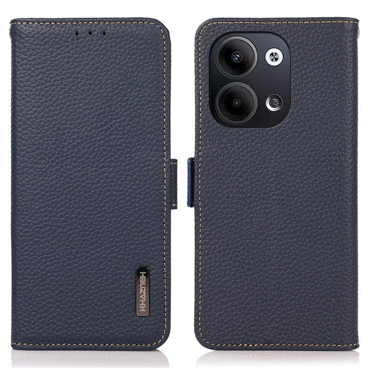 KHAZNEH for Oppo Reno9 5G / Reno9 Pro 5G RFID Blocking Phone Case Litchi Texture Genuine Leather Stand Wallet Shockproof Cover - Blue
