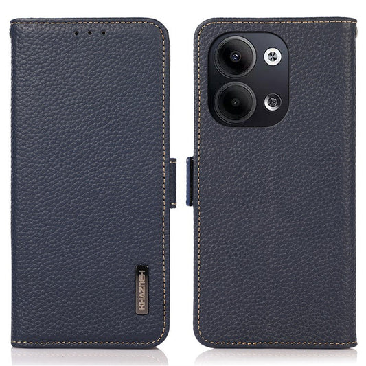 KHAZNEH for Oppo Reno9 5G / Reno9 Pro 5G RFID Blocking Phone Case Litchi Texture Genuine Leather Stand Wallet Shockproof Cover - Blue