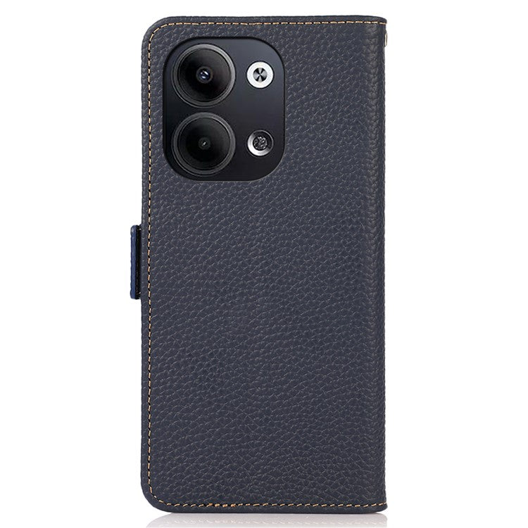 KHAZNEH for Oppo Reno9 5G / Reno9 Pro 5G RFID Blocking Phone Case Litchi Texture Genuine Leather Stand Wallet Shockproof Cover - Blue