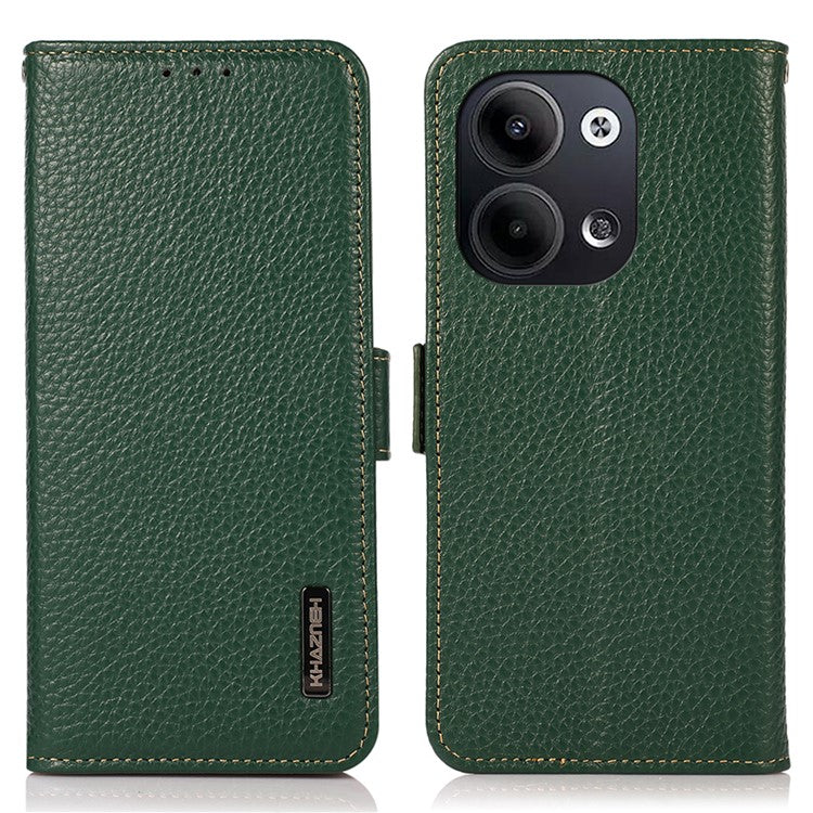 KHAZNEH for Oppo Reno9 5G / Reno9 Pro 5G RFID Blocking Phone Case Litchi Texture Genuine Leather Stand Wallet Shockproof Cover - Green