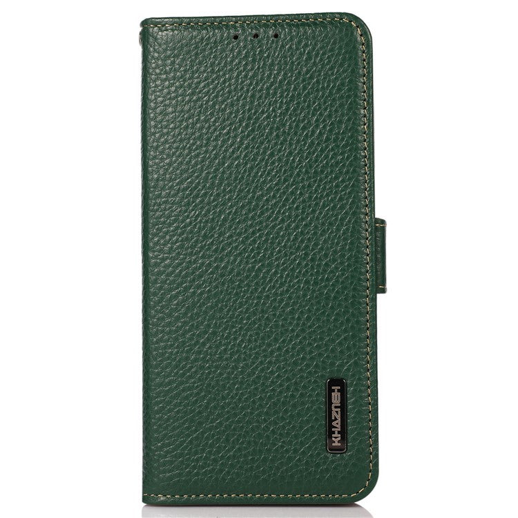 KHAZNEH for Oppo Reno9 5G / Reno9 Pro 5G RFID Blocking Phone Case Litchi Texture Genuine Leather Stand Wallet Shockproof Cover - Green