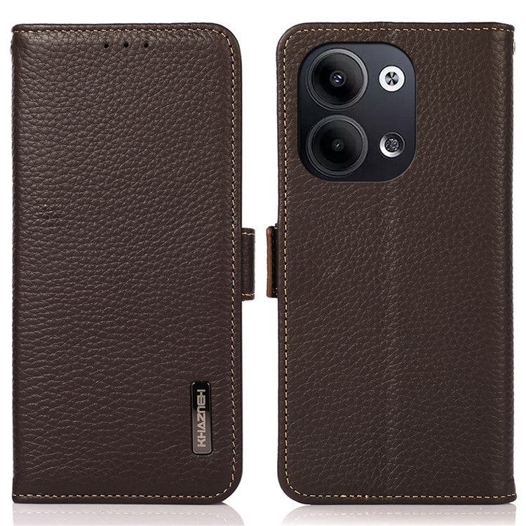 KHAZNEH for Oppo Reno9 5G / Reno9 Pro 5G RFID Blocking Phone Case Litchi Texture Genuine Leather Stand Wallet Shockproof Cover - Brown