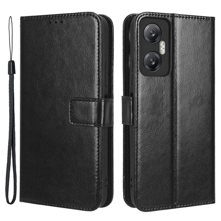 For Infinix Hot 20 5G / X666 / X666B Crazy Horse Texture PU Leather Flip Wallet Stand Phone Case with Strap - Black