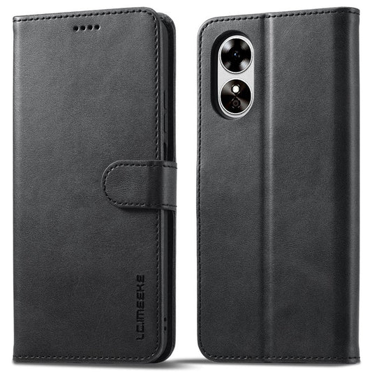 LC.IMEEKE For Oppo A17 4G / A17k 4G Calf Texture Case Wallet Stand Design Magnetic Clasp Leather Phone Cover - Black