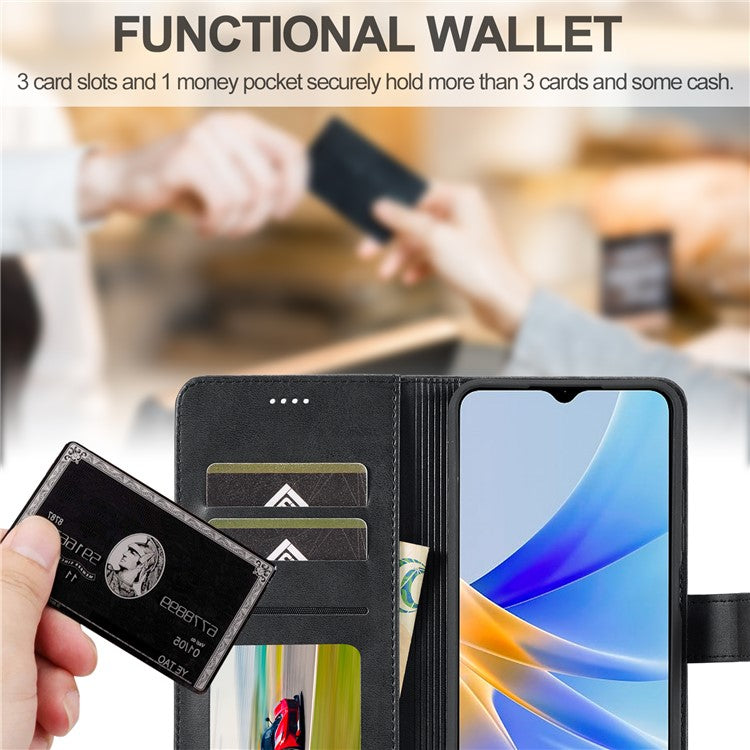 LC.IMEEKE For Oppo A17 4G / A17k 4G Calf Texture Case Wallet Stand Design Magnetic Clasp Leather Phone Cover - Black