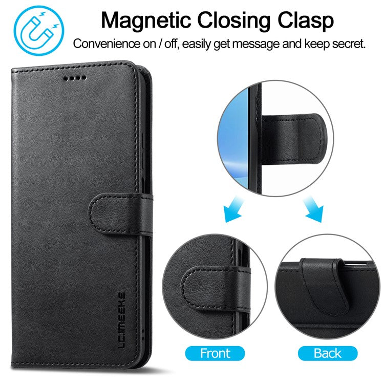 LC.IMEEKE For Oppo A17 4G / A17k 4G Calf Texture Case Wallet Stand Design Magnetic Clasp Leather Phone Cover - Black
