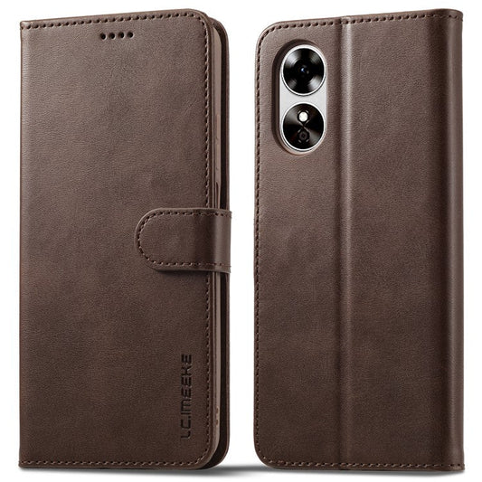 LC.IMEEKE For Oppo A17 4G / A17k 4G Calf Texture Case Wallet Stand Design Magnetic Clasp Leather Phone Cover - Brown