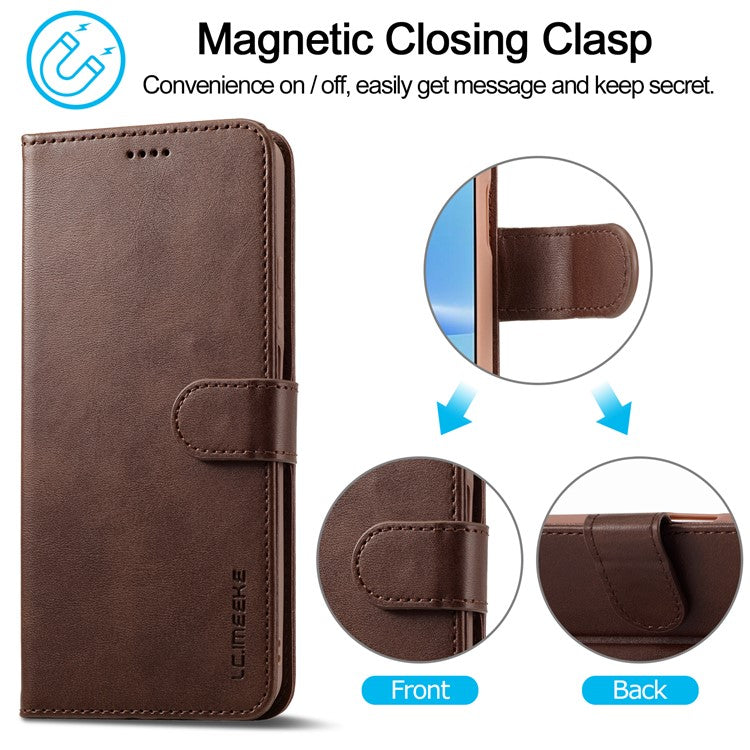 LC.IMEEKE For Oppo A17 4G / A17k 4G Calf Texture Case Wallet Stand Design Magnetic Clasp Leather Phone Cover - Brown