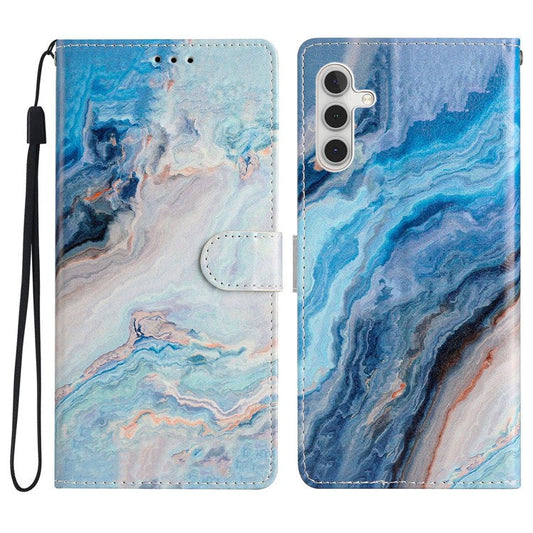 For Samsung Galaxy A34 5G Pattern Printing PU Leather Wallet Case Stand Magnetic Clasp Shockproof Folio Phone Cover with Strap - Blue Marble