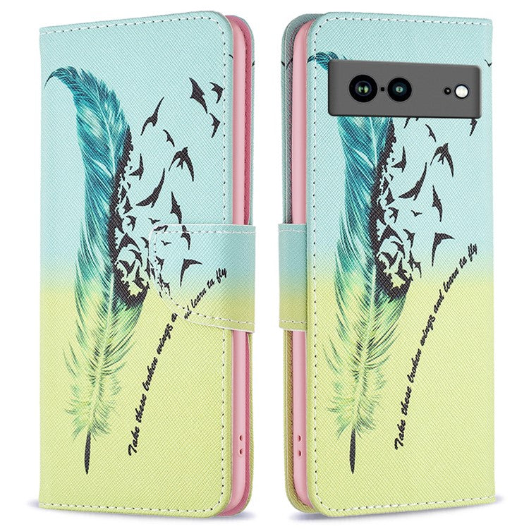 BF Pattern Printing Leather Series-1 for Google Pixel 7a Anti-fall Phone Case Stand PU Leather Wallet Pattern Imprinted Magnetic Closure Flip Phone Cover - Feather