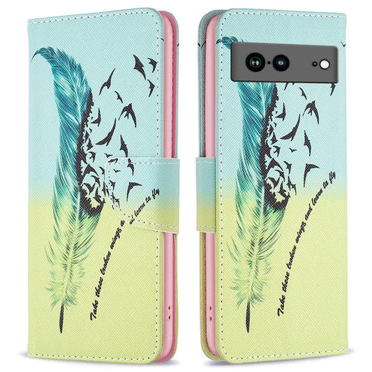 BF Pattern Printing Leather Series-1 for Google Pixel 7a Anti-fall Phone Case Stand PU Leather Wallet Pattern Imprinted Magnetic Closure Flip Phone Cover - Feather
