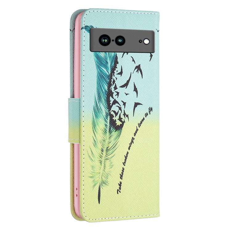 BF Pattern Printing Leather Series-1 for Google Pixel 7a Anti-fall Phone Case Stand PU Leather Wallet Pattern Imprinted Magnetic Closure Flip Phone Cover - Feather