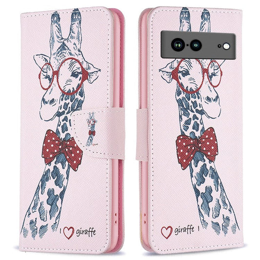 BF Pattern Printing Leather Series-1 for Google Pixel 7a Anti-fall Phone Case Stand PU Leather Wallet Pattern Imprinted Magnetic Closure Flip Phone Cover - Giraffe
