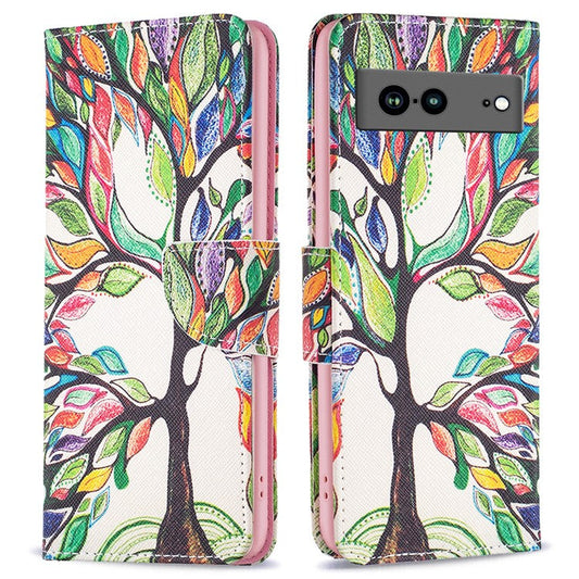 BF Pattern Printing Leather Series-1 for Google Pixel 7a Anti-fall Phone Case Stand PU Leather Wallet Pattern Imprinted Magnetic Closure Flip Phone Cover - Life Tree