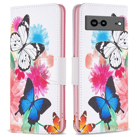 BF Pattern Printing Leather Series-1 for Google Pixel 7a Anti-fall Phone Case Stand PU Leather Wallet Pattern Imprinted Magnetic Closure Flip Phone Cover - Two Butterflies