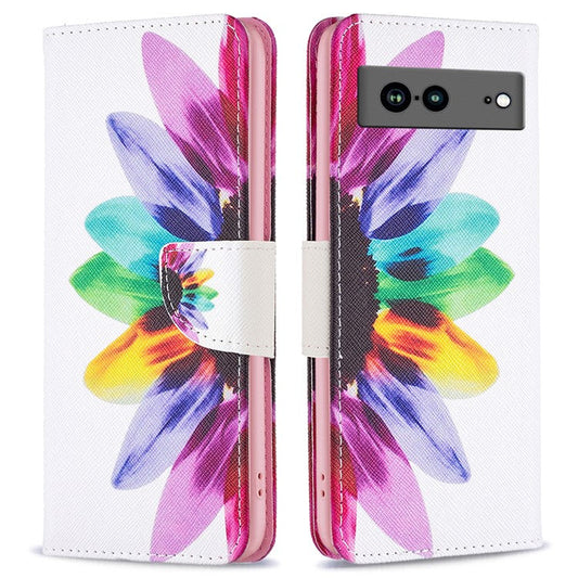 BF Pattern Printing Leather Series-1 for Google Pixel 7a Anti-fall Phone Case Stand PU Leather Wallet Pattern Imprinted Magnetic Closure Flip Phone Cover - Sunflower