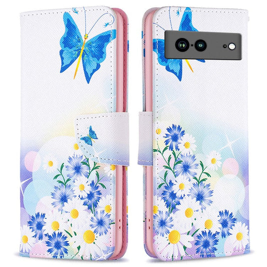 BF Pattern Printing Leather Series-1 for Google Pixel 7a Anti-fall Phone Case Stand PU Leather Wallet Pattern Imprinted Magnetic Closure Flip Phone Cover -  Butterfly and Flowers