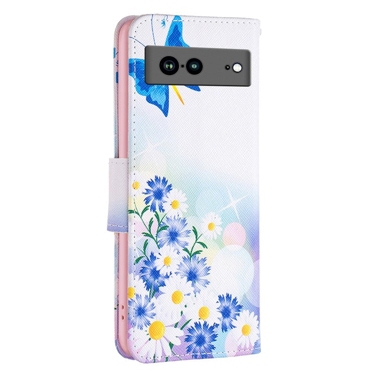 BF Pattern Printing Leather Series-1 for Google Pixel 7a Anti-fall Phone Case Stand PU Leather Wallet Pattern Imprinted Magnetic Closure Flip Phone Cover -  Butterfly and Flowers