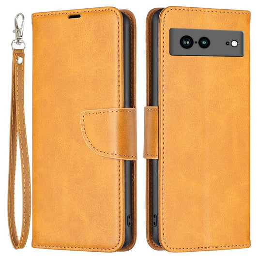 BF Leather Series-4 for Google Pixel 7a Anti-scratch Phone Case PU Leather Wallet Stand Magnetic Closure Flip Protective Phone Cover with Strap - Yellow