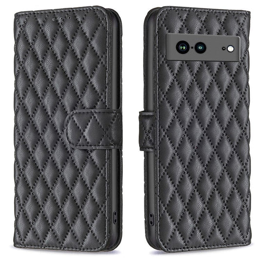 BINFEN COLOR BF Style-14 Anti-fall Phone Case For Google Pixel 7a Imprinted Rhombus Pattern PU Leather Wallet Stand Magnetic Closure Flip Folio Phone Cover - Black