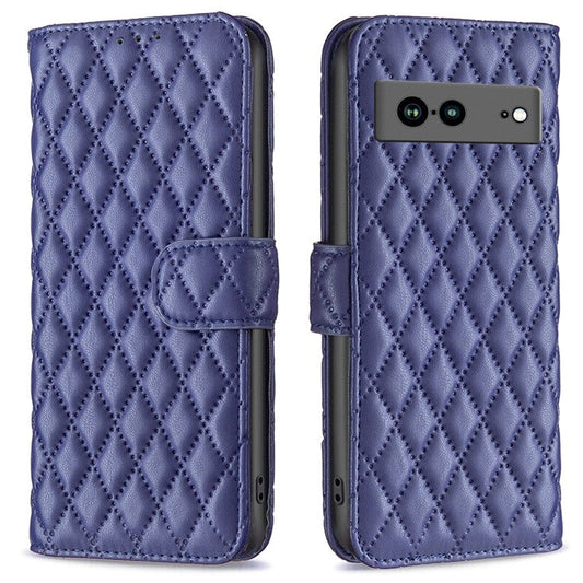 BINFEN COLOR BF Style-14 Anti-fall Phone Case For Google Pixel 7a Imprinted Rhombus Pattern PU Leather Wallet Stand Magnetic Closure Flip Folio Phone Cover - Blue