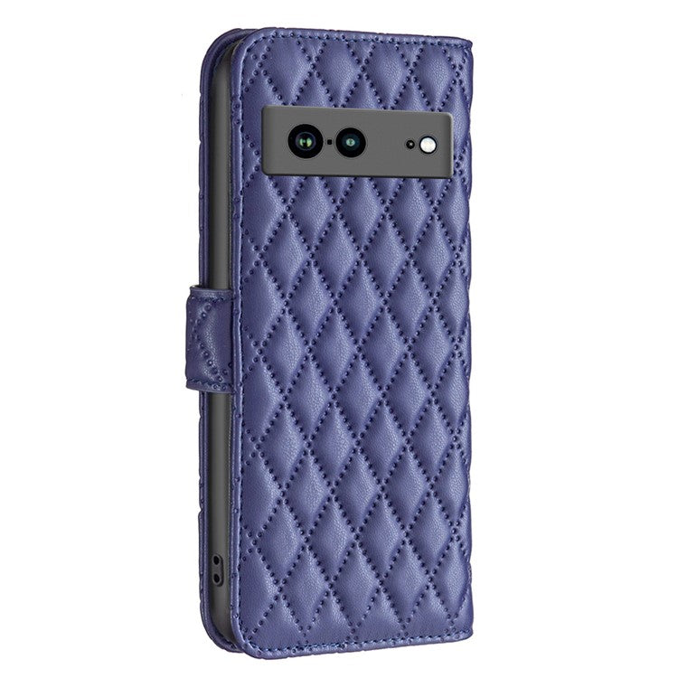 BINFEN COLOR BF Style-14 Anti-fall Phone Case For Google Pixel 7a Imprinted Rhombus Pattern PU Leather Wallet Stand Magnetic Closure Flip Folio Phone Cover - Blue