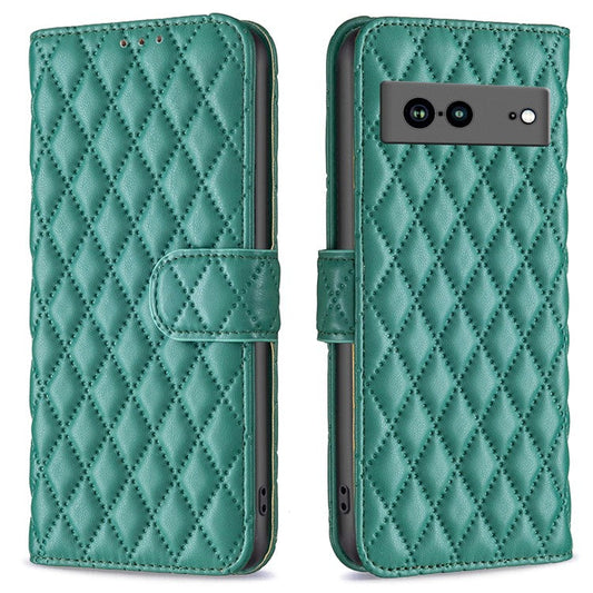 BINFEN COLOR BF Style-14 Anti-fall Phone Case For Google Pixel 7a Imprinted Rhombus Pattern PU Leather Wallet Stand Magnetic Closure Flip Folio Phone Cover - Green
