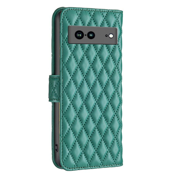 BINFEN COLOR BF Style-14 Anti-fall Phone Case For Google Pixel 7a Imprinted Rhombus Pattern PU Leather Wallet Stand Magnetic Closure Flip Folio Phone Cover - Green