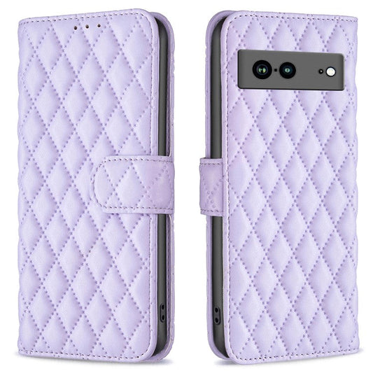 BINFEN COLOR BF Style-14 Anti-fall Phone Case For Google Pixel 7a Imprinted Rhombus Pattern PU Leather Wallet Stand Magnetic Closure Flip Folio Phone Cover - Purple