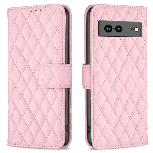 BINFEN COLOR BF Style-14 Anti-fall Phone Case For Google Pixel 7a Imprinted Rhombus Pattern PU Leather Wallet Stand Magnetic Closure Flip Folio Phone Cover - Pink