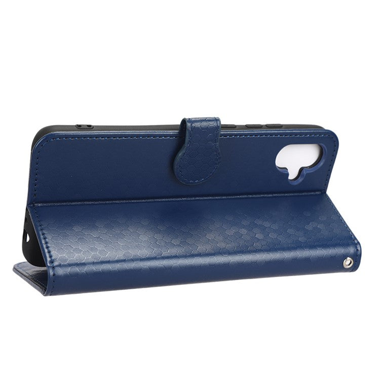 For Samsung Galaxy A04e 4G / F04 4G / M04 4G Dot Pattern Imprinted Phone Cover Anti-shock Protective PU Leather Phone Wallet Case Stand with Strap - Dark Blue