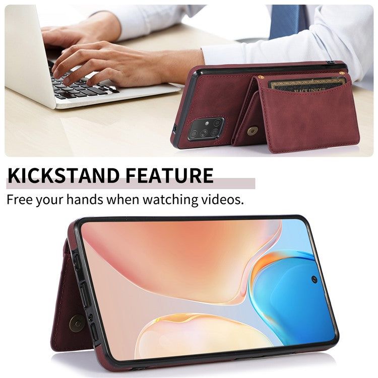 For Samsung Galaxy A51 5G SM-A516 Tri-fold Wallet Anti-scratch Phone Case PU Leather Coated TPU Kickstand Cover - Wine Red