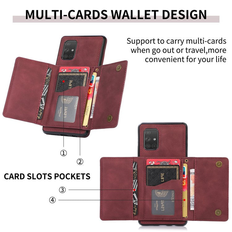 For Samsung Galaxy A51 5G SM-A516 Tri-fold Wallet Anti-scratch Phone Case PU Leather Coated TPU Kickstand Cover - Wine Red