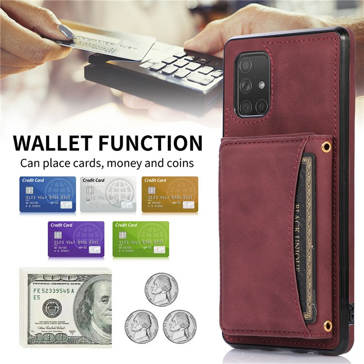 For Samsung Galaxy A51 5G SM-A516 Tri-fold Wallet Anti-scratch Phone Case PU Leather Coated TPU Kickstand Cover - Wine Red