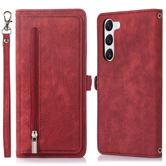 For Samsung Galaxy S23 Zipper Pocket Wallet 9 Card Slots Multifunctional Phone Case PU Leather Stand Phone Cover with Wrist Strap - Red