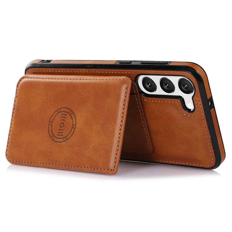 For Samsung Galaxy S23 Card Slots PU Leather Coated TPU Case Kickstand Phone Cover with Car Mount Metal Sheet - Brown