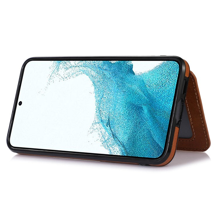 For Samsung Galaxy S23 Card Slots PU Leather Coated TPU Case Kickstand Phone Cover with Car Mount Metal Sheet - Brown