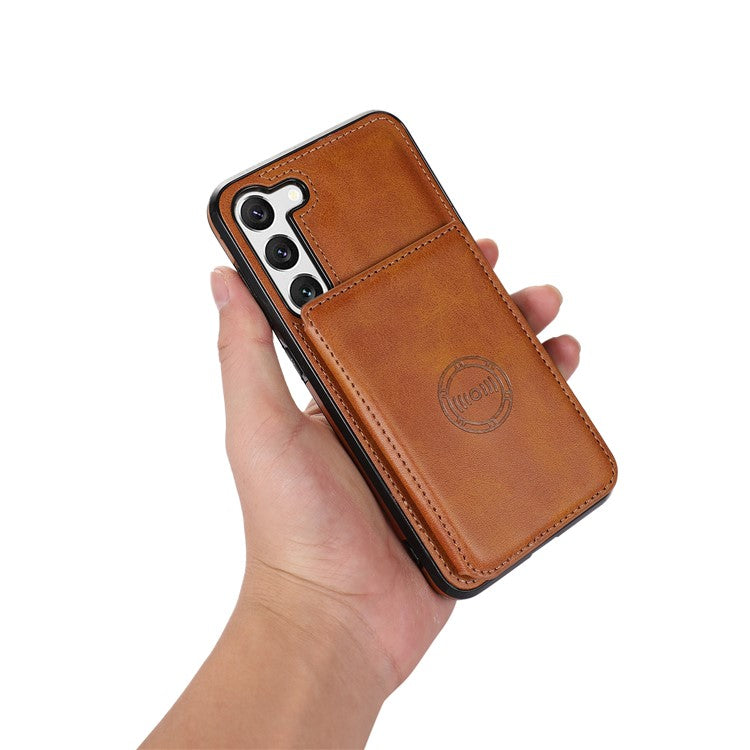 For Samsung Galaxy S23 Card Slots PU Leather Coated TPU Case Kickstand Phone Cover with Car Mount Metal Sheet - Brown