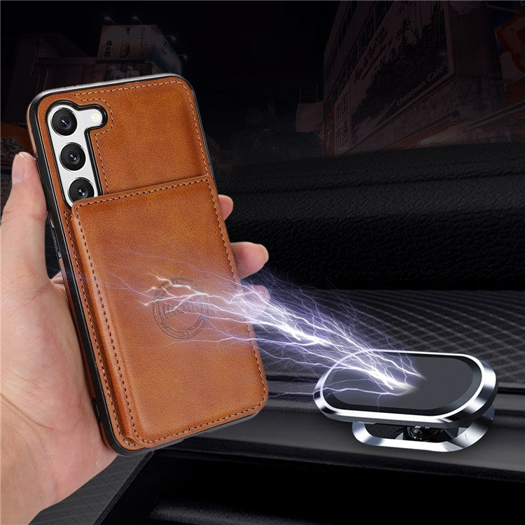 For Samsung Galaxy S23 Card Slots PU Leather Coated TPU Case Kickstand Phone Cover with Car Mount Metal Sheet - Brown