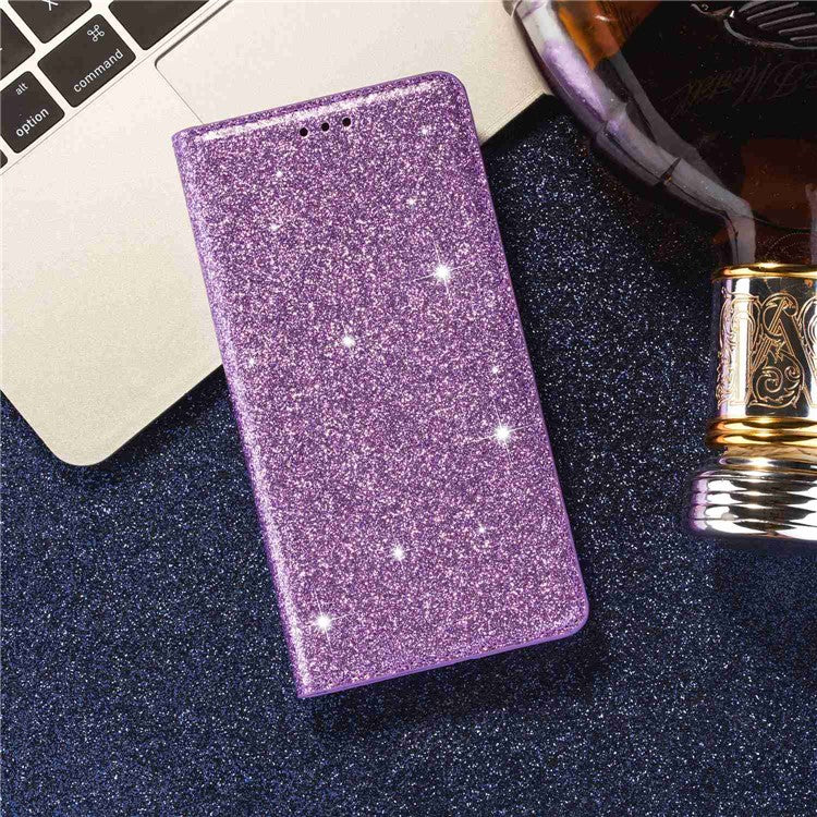 For Samsung Galaxy A34 5G Glitter PU Leather Slim Phone Case Card Holder Stand Magnetic Absorption Shockproof Cover - Purple