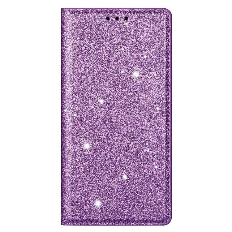 For Samsung Galaxy A34 5G Glitter PU Leather Slim Phone Case Card Holder Stand Magnetic Absorption Shockproof Cover - Purple