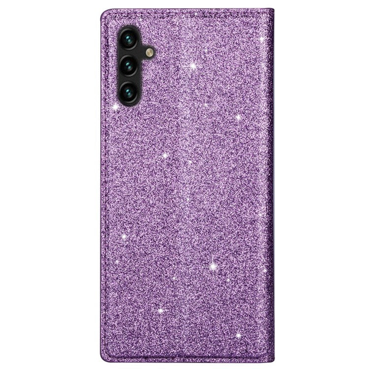 For Samsung Galaxy A34 5G Glitter PU Leather Slim Phone Case Card Holder Stand Magnetic Absorption Shockproof Cover - Purple