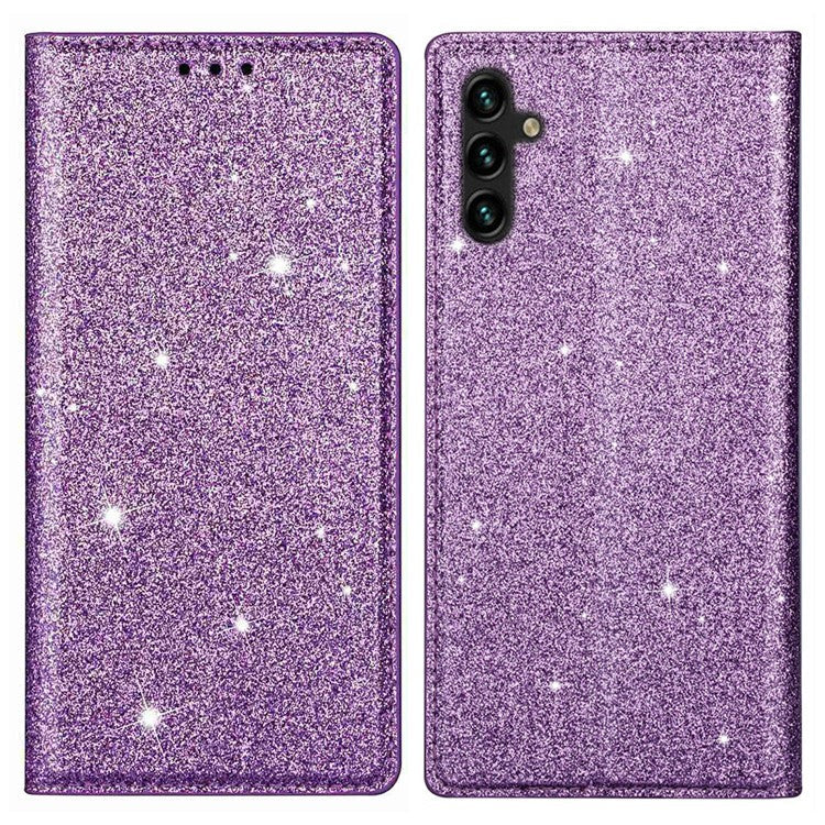 For Samsung Galaxy A13 5G Sparkle Glitter PU Leather Flip Case Auto Magnetic Closed Stand Card Holder Slim Phone Cover - Purple