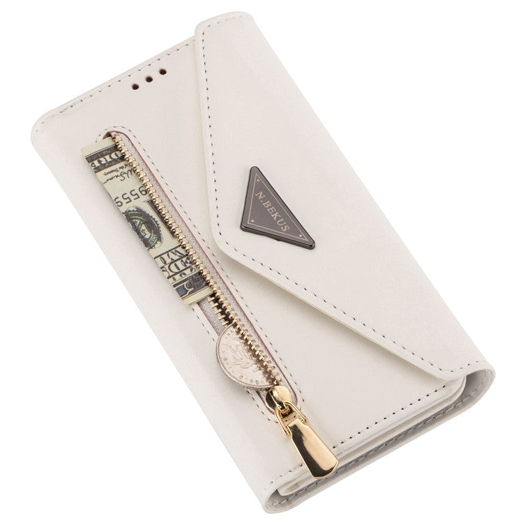 PU Leather Phone Case For Samsung Galaxy A14 5G / A14 4G Zipper Pocket Wallet Stand Cover with Strap - White