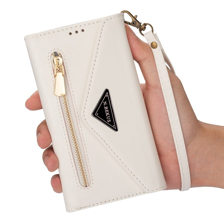 Cell Phone Case For Samsung Galaxy A34 5G Skin-touch Feeling Zipper Pocket Wallet Stand Full Protection PU Leather Phone Cover with Short + Long Strap - White