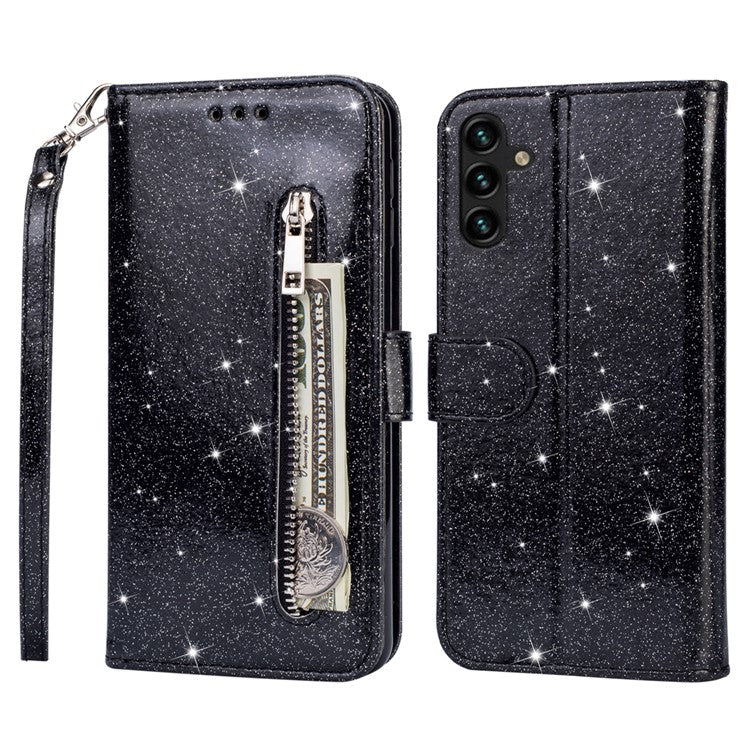 For Samsung Galaxy A54 5G Full Protection Phone Case Zipper Pocket Glittery Sequins PU Leather Flip Phone Cover Wallet Stand - Black