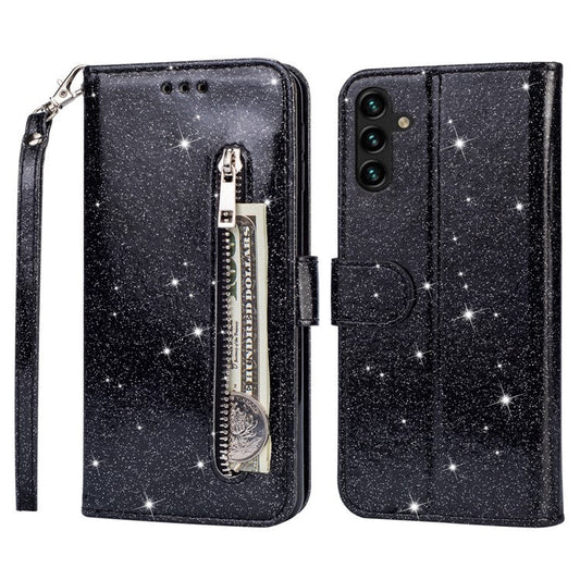 For Samsung Galaxy A54 5G Full Protection Phone Case Zipper Pocket Glittery Sequins PU Leather Flip Phone Cover Wallet Stand - Black